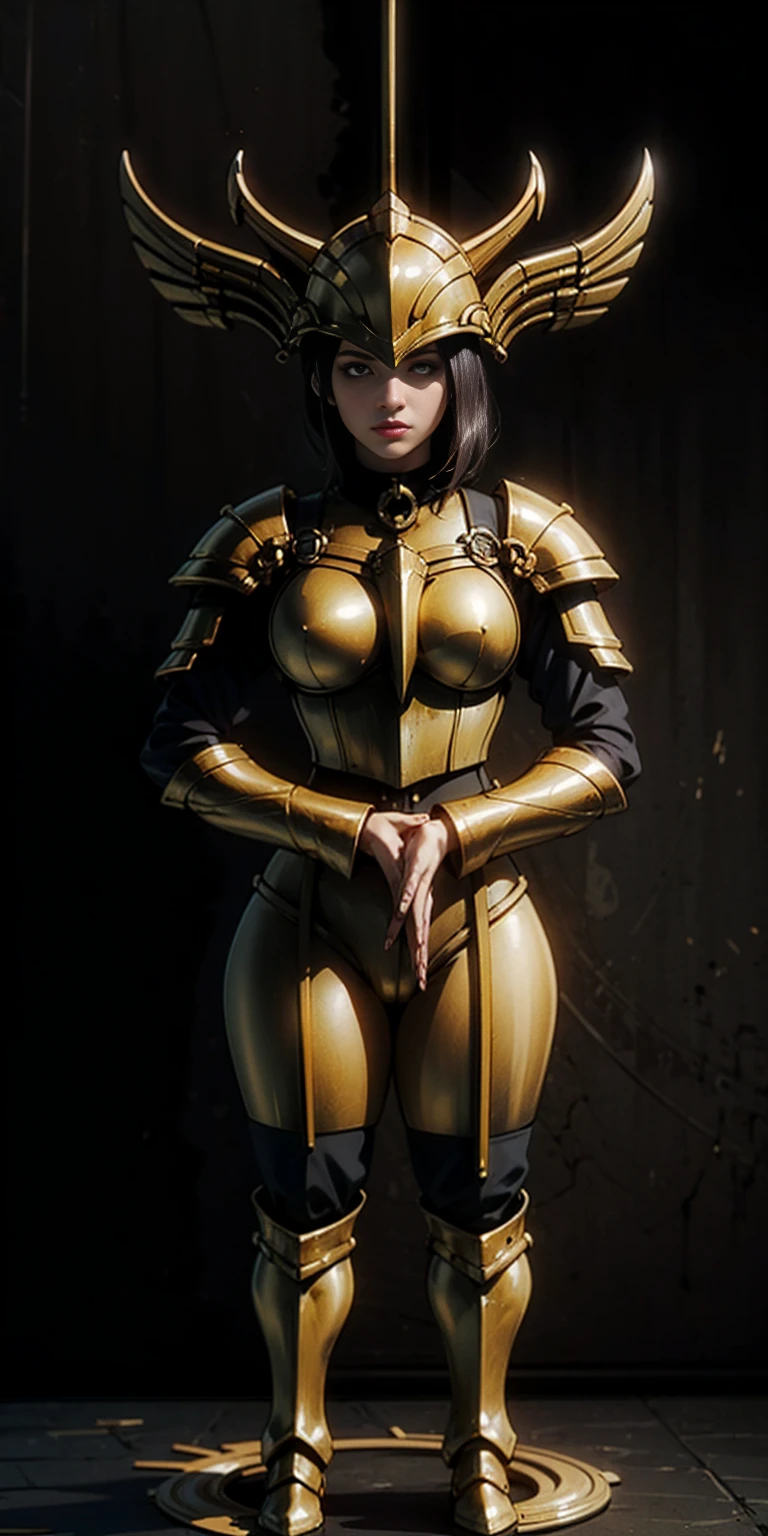 masterpiece, best quality, full body, 1solo full body female uniform, hands on hips full body, whole body. long sleeves, from above far shot, showing ass, black background, golden armor, black collar, pauldrons, breastplate, corset