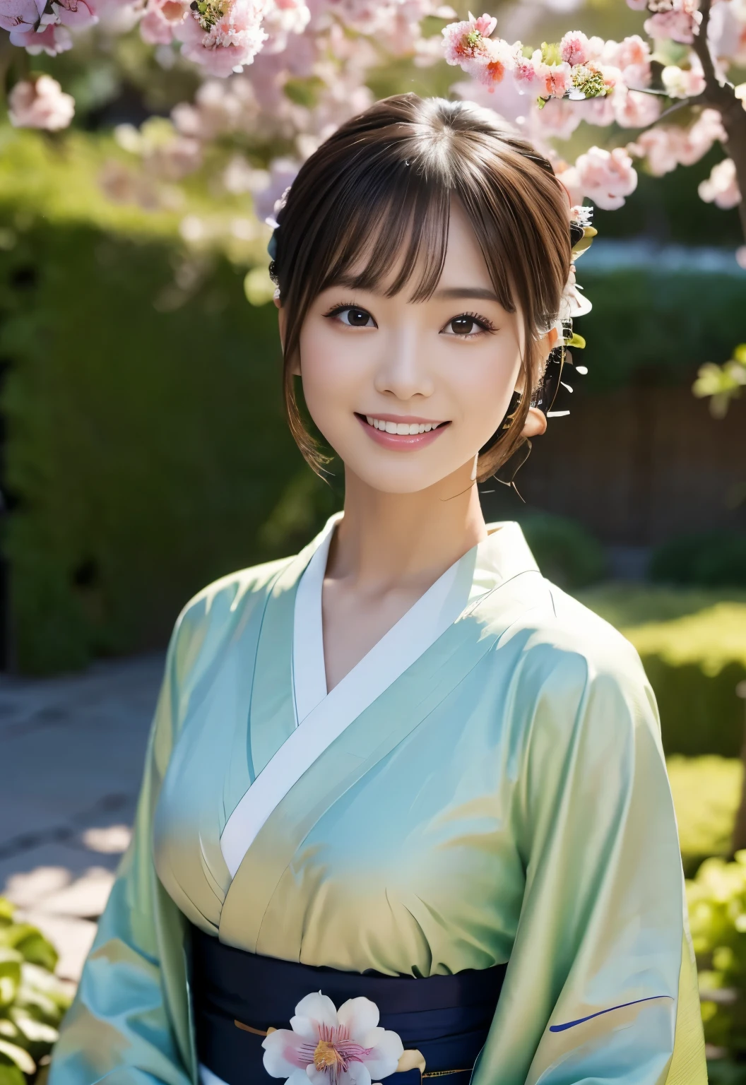 (((garden:1.3, outdoor, Photographed from the front))), ((up hair:1.3,kimono,japanese woman,Smile,cute)), (clean, natural makeup), (highest quality, masterpiece:1.3, 超High resolution), (Super detailed, caustics), (realistic:1.4, RAW shooting), very detailed, High resolution, 16K resolution
