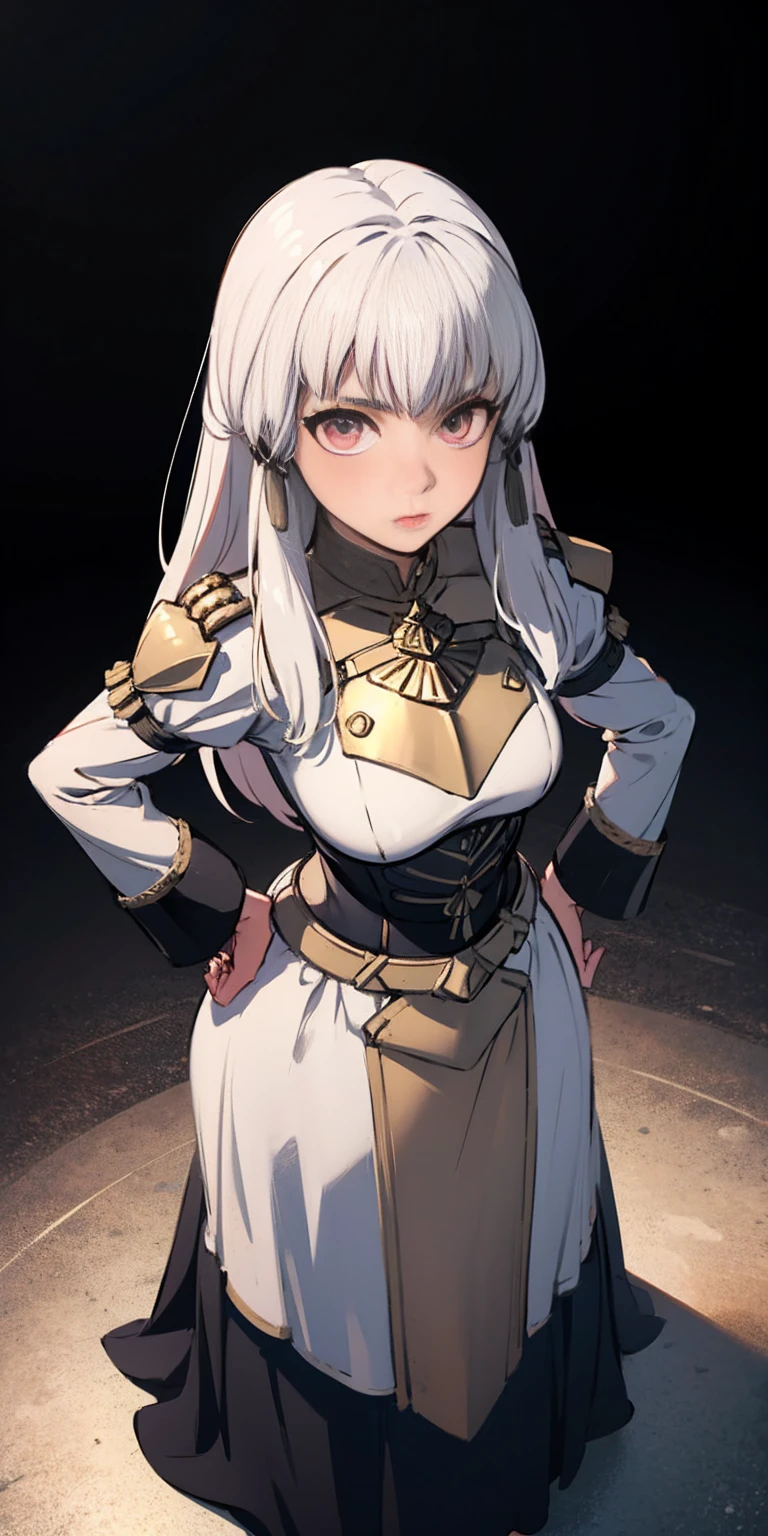 masterpiece, best quality, full body, 1solo full body female uniform, hands on hips full body, whole body. long sleeves, from above far shot, showing ass, black background, golden armor, black collar, pauldrons, breastplate, corset