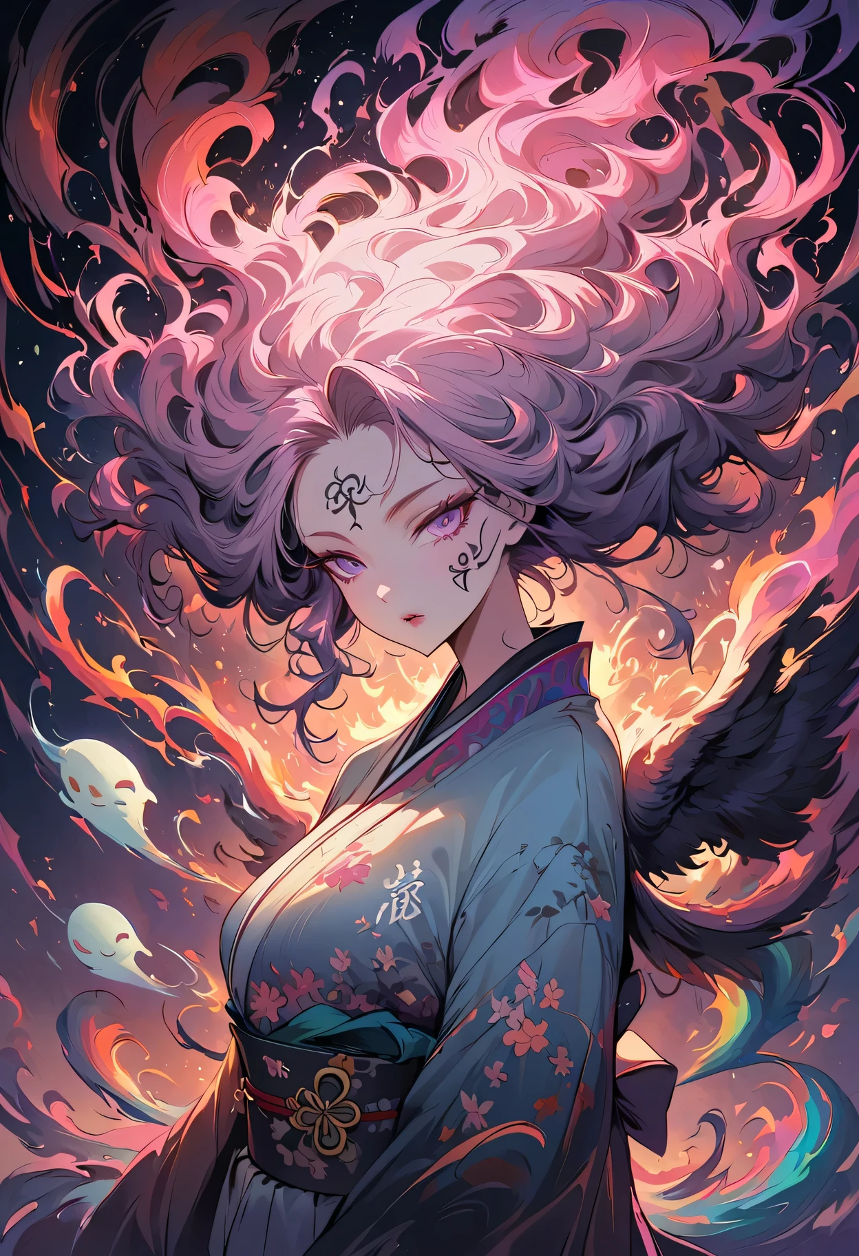 surreal, Very detailed, and a high resolution 16k image of a young woman, Beautiful female ghost or guardian angel. She has light pink hair and translucent skin, Wearing a traditional Japanese kimono，face tattoo(Meaningful Chinese character writing:1.1)，There is a small cherry blossom pattern on the belt. The image captures the ethereal beauty and mystery of the world. Style inspired by sophistication, Soft aesthetics in traditional Japanese art.