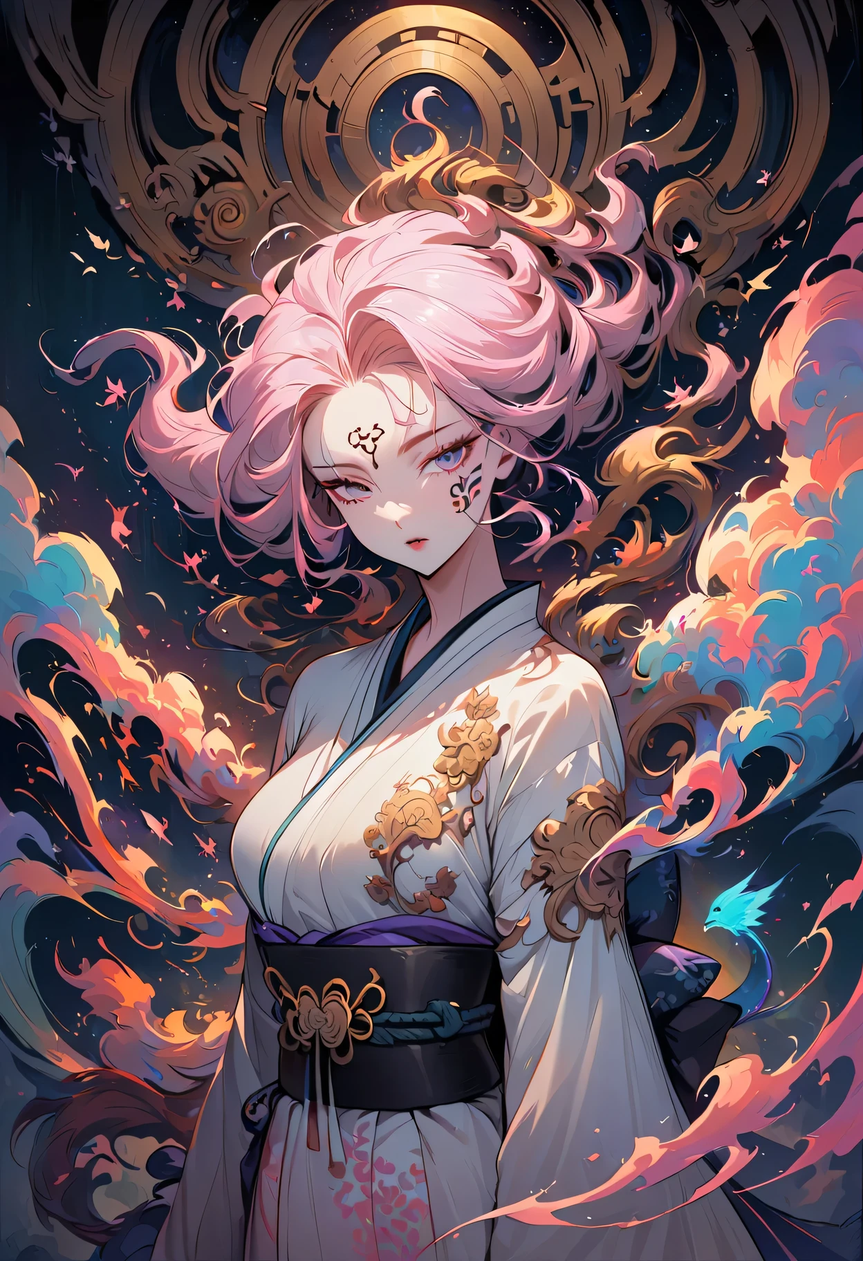 surreal, Very detailed, and a high resolution 16k image of a young woman, Beautiful female ghost or guardian angel. She has light pink hair and translucent skin, Wearing a traditional Japanese kimono，face tattoo(Meaningful Chinese character writing:1.1)，There is a small cherry blossom pattern on the belt. The image captures the ethereal beauty and mystery of the world. Style inspired by sophistication, Soft aesthetics in traditional Japanese art.