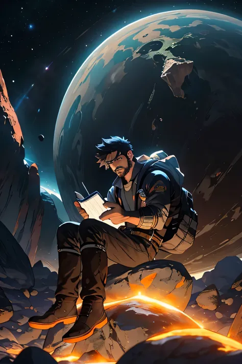 Draw a young programmer, sitting on a research platform floating in the middle of an asteroid belt. He is studying with a notebo...