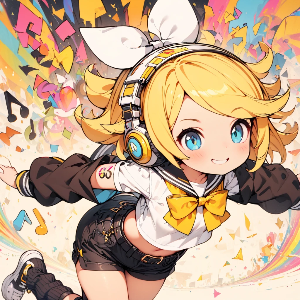 #qualité(8k,best qualité, chef-d&#39;œuvre,Super détaillé),seulement,Kagamine Rin\(vocaloïde\),#1 fille(mignon,mignon,Petit ,Kagamine Rin,cheveux blonds, cheveux courts, Tatouage de chiffres, arc, chemise blanche,pochette noire retirée, ceinture, col marin, casque blanc,shorts noirs,jambières noires,épaule ouverte, sauter,grand sourire),#arrière-plan(de nombreuses notes de musique colorées ,Simple,)