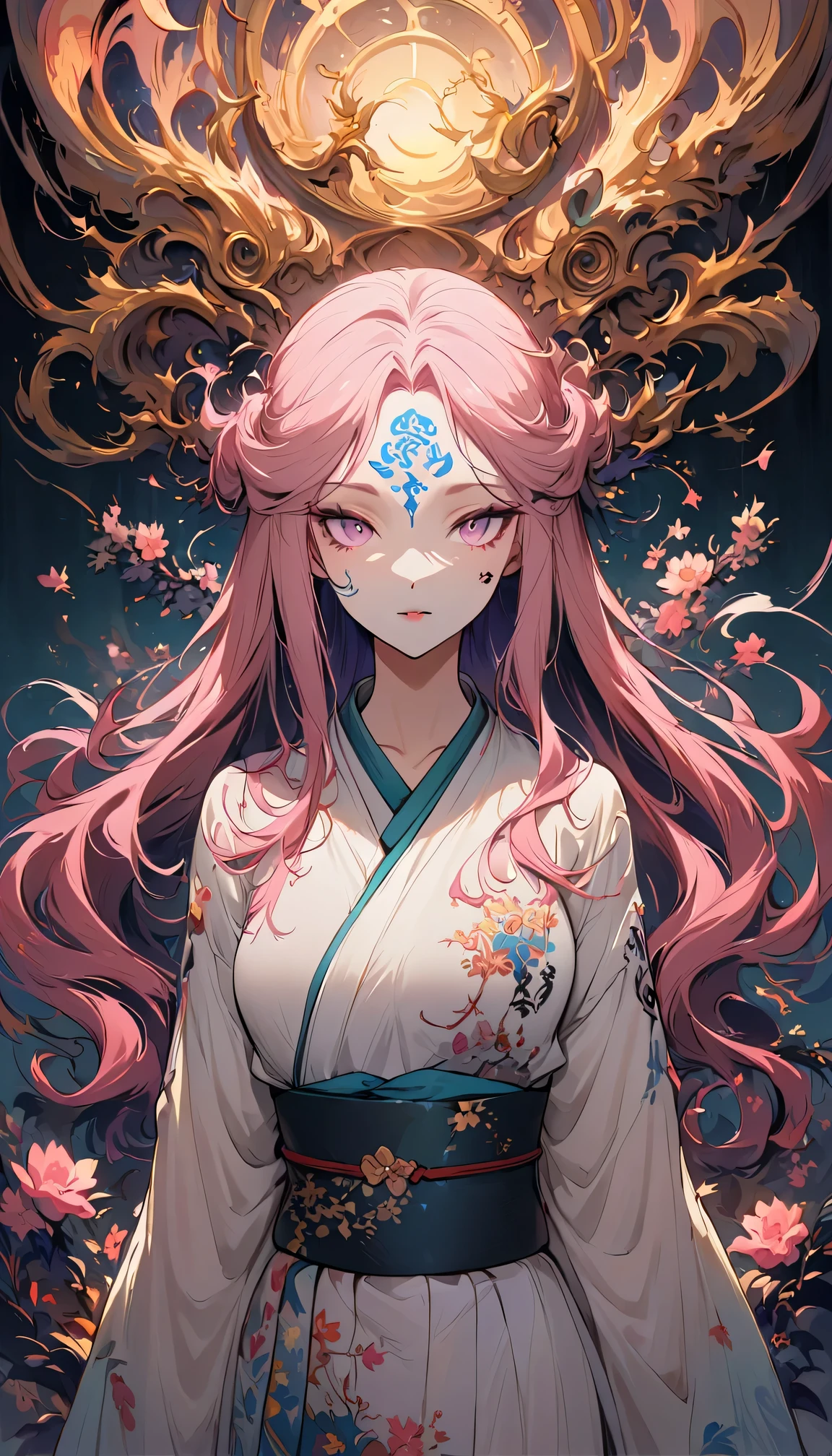 surreal, Very detailed, and a high resolution 16k image of a young woman, Beautiful female ghost or guardian angel. She has light pink hair and translucent skin, Wearing a traditional Japanese kimono，face tattoo(Meaningful Chinese character writing:1.1)，There is a small cherry blossom pattern on the belt. The image captures the ethereal beauty and mystery of the world. Style inspired by sophistication, Soft aesthetics in traditional Japanese art.