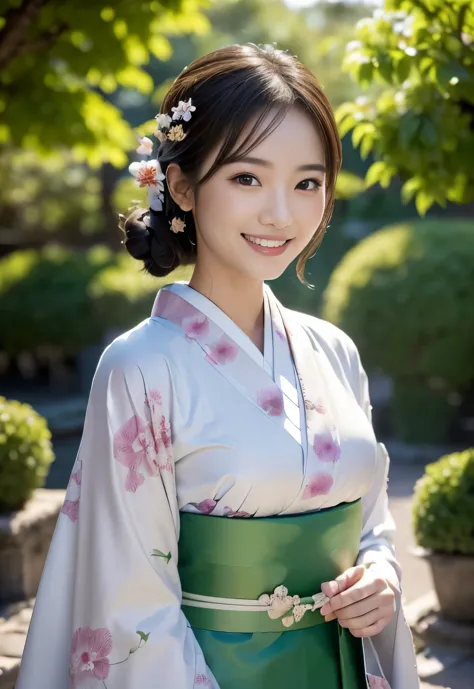 (((garden:1.3, outdoor, Photographed from the front))), ((up hair:1.3,kimono,japanese woman,Smile,cute)), (clean, natural makeup...