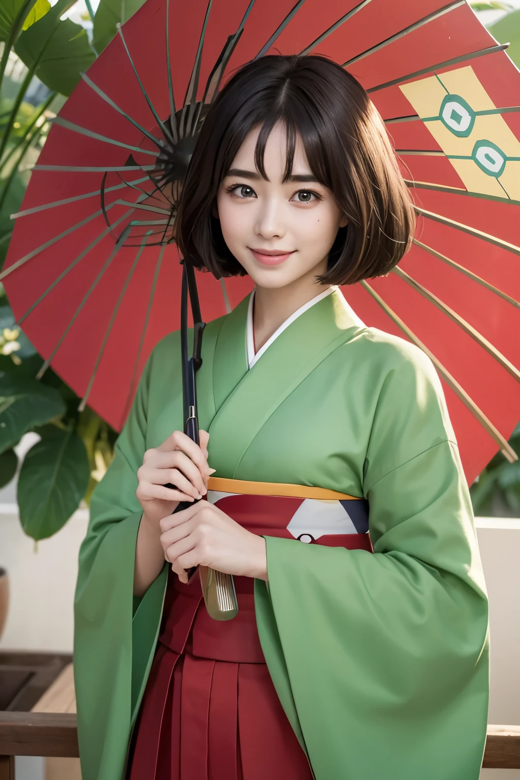 highest quality、4k、masterpiece、highly detailed eyes、super detailed、1 girl、solo、Erika、Pokémon、Pokemon、very delicate、8k、smile、whole body、perfect human structure、green kimono、smile、whole body、red hakama、red hair band、Holding a red Japanese-style umbrella