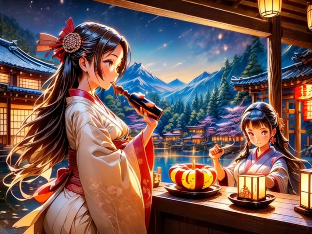 (A girl drinking sake from a gourd, getting drunk and dancing, villagers watching her)highres,detailed,anime,traditional Japanese,beautiful detailed eyes,beautiful detailed lips,traditional clothing,kimono,flowing movements,joyful expression,traditional village backdrop,night scene,warm candle light,vibrant colors,sake bar,authentic textures,animated scene