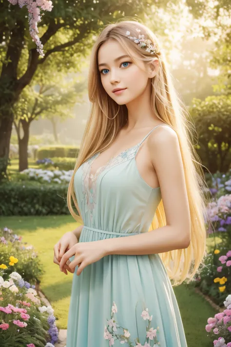 girl with flowing blond hair and charming blue eyes, 穿着grace的白色连衣裙, standing in the middle of a vibrant garden，flowers blooming ...