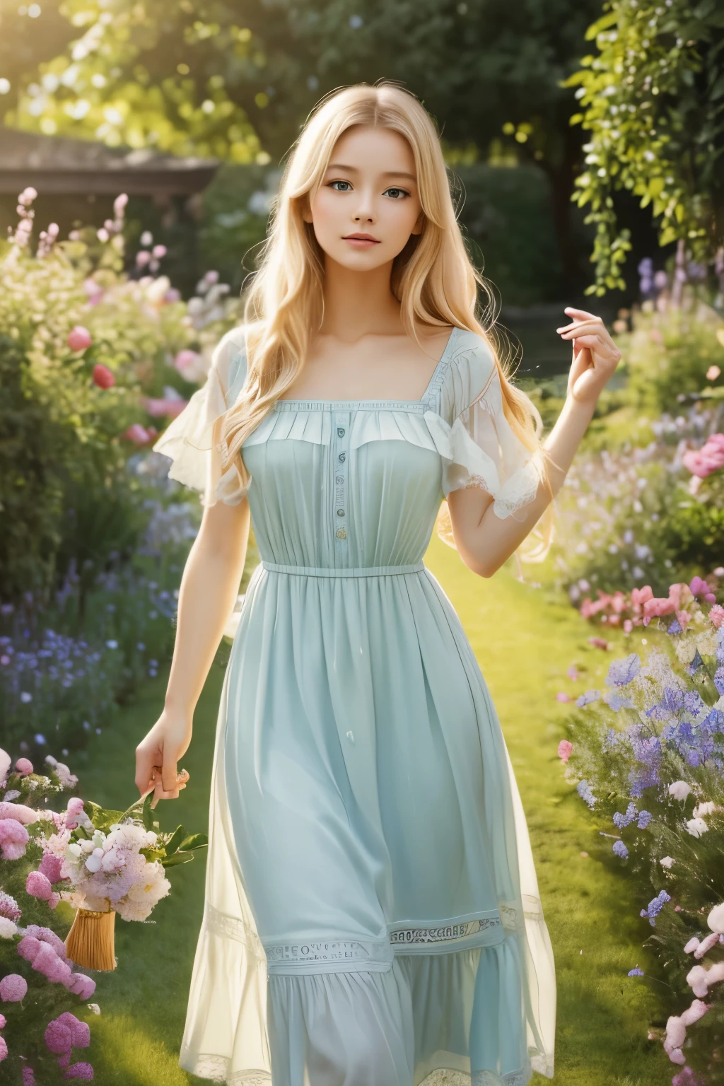 Girl with flowing blond hair and charming blue eyes, Wearing a white dress of grace, Standing in the middle of a vibrant garden，Flowers blooming in the garden，Greenery. The sun gently illuminates her delicate features, Casts a soft glow on her flawless skin. She holds a delicate butterfly in her hand, The breeze swirled around her, Let the flowers dance. The scene was captured in a stunning oil painting, Every detail is carefully crafted，Create a masterpiece. Bright and vivid colors, With a hint of ethereal soft tones, Gives artwork a dreamlike quality. Lighting is soft and diffuse, Create a peaceful and peaceful atmosphere. High-resolution images showcase the artist&#39;s impeccable skills, Capture every intricate detail with precision. The overall atmosphere exudes a sense of beauty, grace, and enchantment. the artwork is reminiscent of classical portraiture, With a touch of fantasy and whimsy, Evoke emotions of wonder and awe.