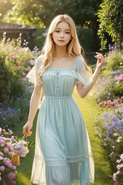 Girl with flowing blond hair and charming blue eyes, 穿着grace的白色连衣裙, Standing in the middle of a vibrant garden，Flowers blooming ...