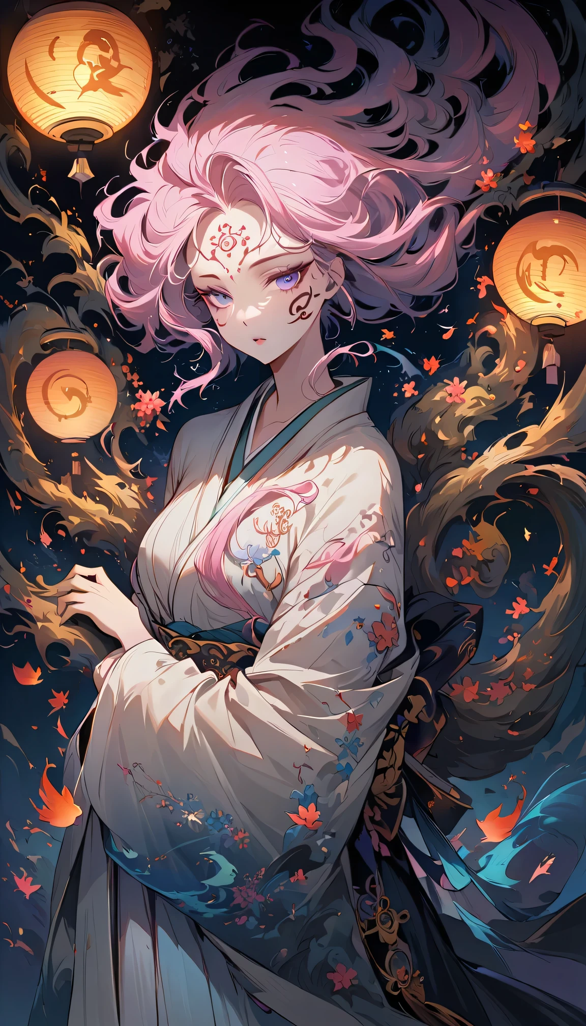 surreal, Very detailed, and a high resolution 16k image of a young woman, Beautiful female ghost or guardian angel. She has light pink hair and translucent skin, Wearing a traditional Japanese kimono，face tattoo(Meaningful Chinese character writing:1.1)，There is a small cherry blossom pattern on the belt. The image captures the ethereal beauty and mystery of the world. Style inspired by sophistication, Soft aesthetics in traditional Japanese art.