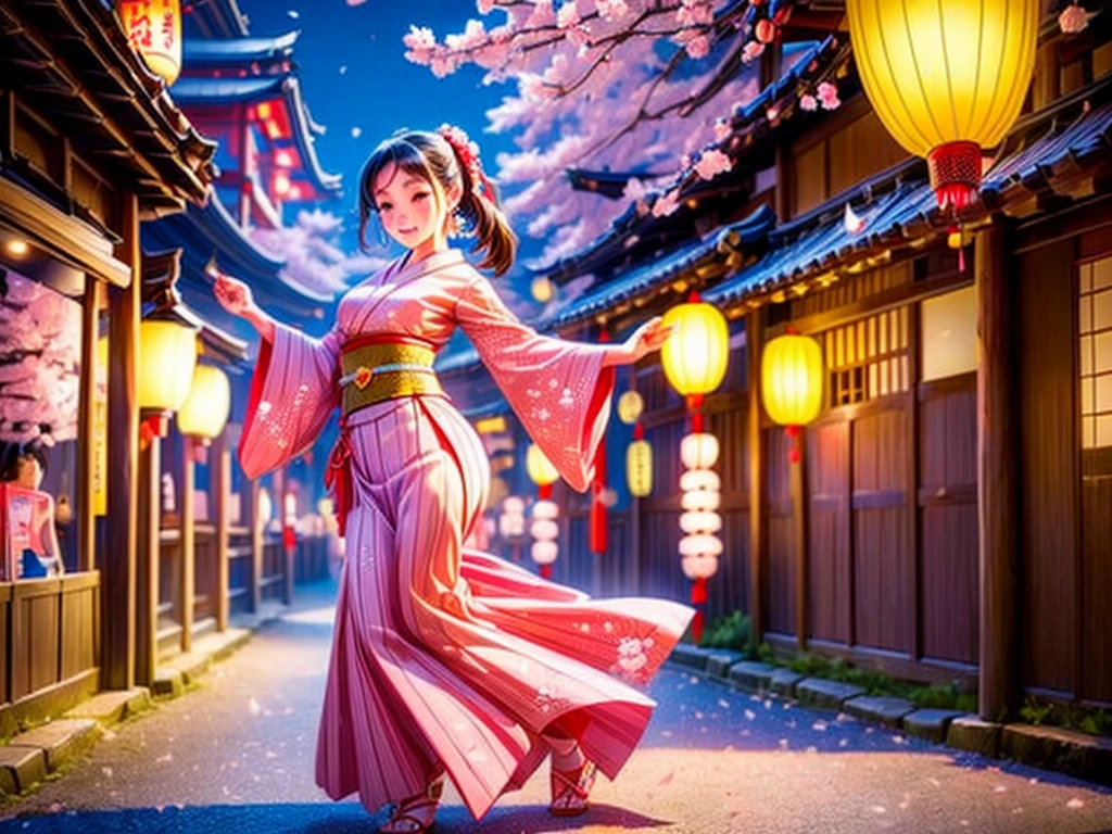 (Une fille,ivre et danser,Les gens regardent),lanternes traditionnelles japonaises,beaux cerisiers en fleurs,vêtements traditionnels japonais,(couleurs vives,Couleurs vives),(éclairage naturel doux,éclairage subtil),Style artistique japonais,haute résolution,ultra-détaillé,expression joyeuse,mouvements gracieux,ambiance joyeuse,célébration culturelle