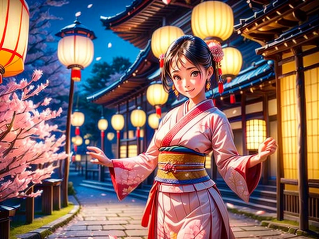 (a girl,drunk and dancing,people watching),traditional Japanese lanterns,beautiful cherry blossom trees,traditional Japanese clothing,(vibrant colors,vivid colors),(soft natural lighting,subtle lighting),Japanese art style,high-resolution,ultra-detailed,joyful expression,graceful movements,merry atmosphere,cultural celebration