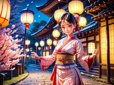 (a girl,drunk and dancing,people watching),traditional Japanese lanterns,beautiful cherry blossom trees,traditional Japanese clo...