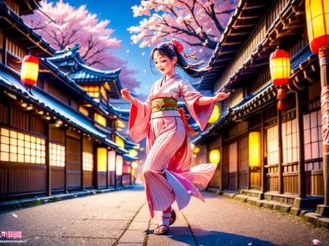 (a girl,drunk and dancing,people watching),traditional Japanese lanterns,beautiful cherry blossom trees,traditional Japanese clo...