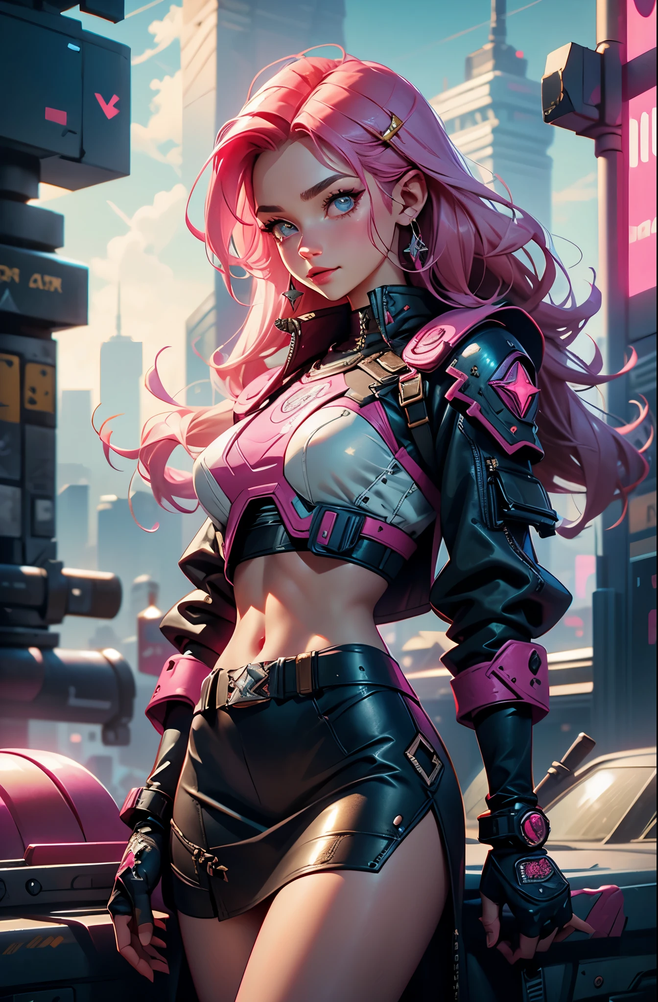 Rosa und kräftige Farben, cyberpunk 25, perfekt, lächelt, Schulterpolster mit Metalldornen, Brooklyn Brücke, kurzer kurzer Rock, Inspiriert durch Heavy Metal, weißes und goldenes bauchfreies Top, Lederschutz am linken Arm mit aufwendiger Grafik, Dunkelrot mit weißen Sternen und weiß-marineblauem Schachbrettmuster, Rüstung, Aufwendiges Design, hält leuchtende Kugel