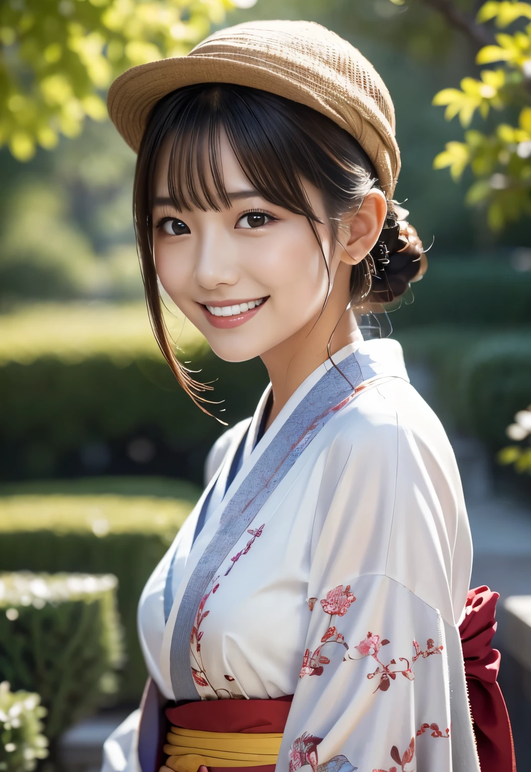 (((garden:1.3, outdoor, Photographed from the front))), ((up hair:1.3,kimono,hat,japanese woman,Smile,cute)), (clean, natural makeup), (highest quality, masterpiece:1.3, 超High resolution), (Super detailed, caustics), (realistic:1.4, RAW shooting), very detailed, High resolution, 16K resolution