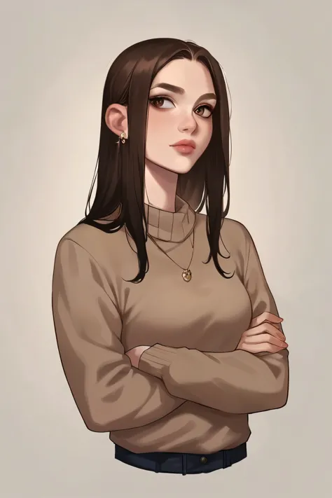 score_9, score_8_up, score_7_up, score_6_up, score_5_up, score_4_up, rating_safe, 1girl, jewelry, solo, pale skin, light-skinned female, brok  hair, crossed arms, earrings, long hair, lips, upper body, sweater, piercing, looking to the side, brown eyes, ea...
