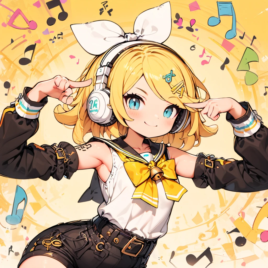 #quality(8K,best quality, masterpiece,Super detailed),solo,KAGAMINE RIN\(vocaloid\),#1 girl(cute,cute,small ,Kagamine rin,blond hair, short hair, Tattoo of numbers, bow,sleeveless white shirt,black arm bell sleeves, belt, sailor collar, white headphones,black shorts,black leg warmers,open shoulder, very cute pose,korean idol pose,cute smile),#background(many colorful Music notes ,simple,),rin is so cute