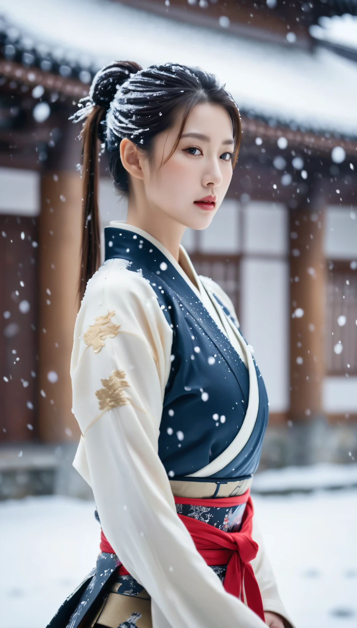 Nahaufnahme einer schönen koreanischen Frau, 34 Zoll Brustgröße, Pferdeschwanz, Samurai-Rüstung tragen, im japanischen Schloss, Schneefall, Bokeh-Hintergrund, UHD 