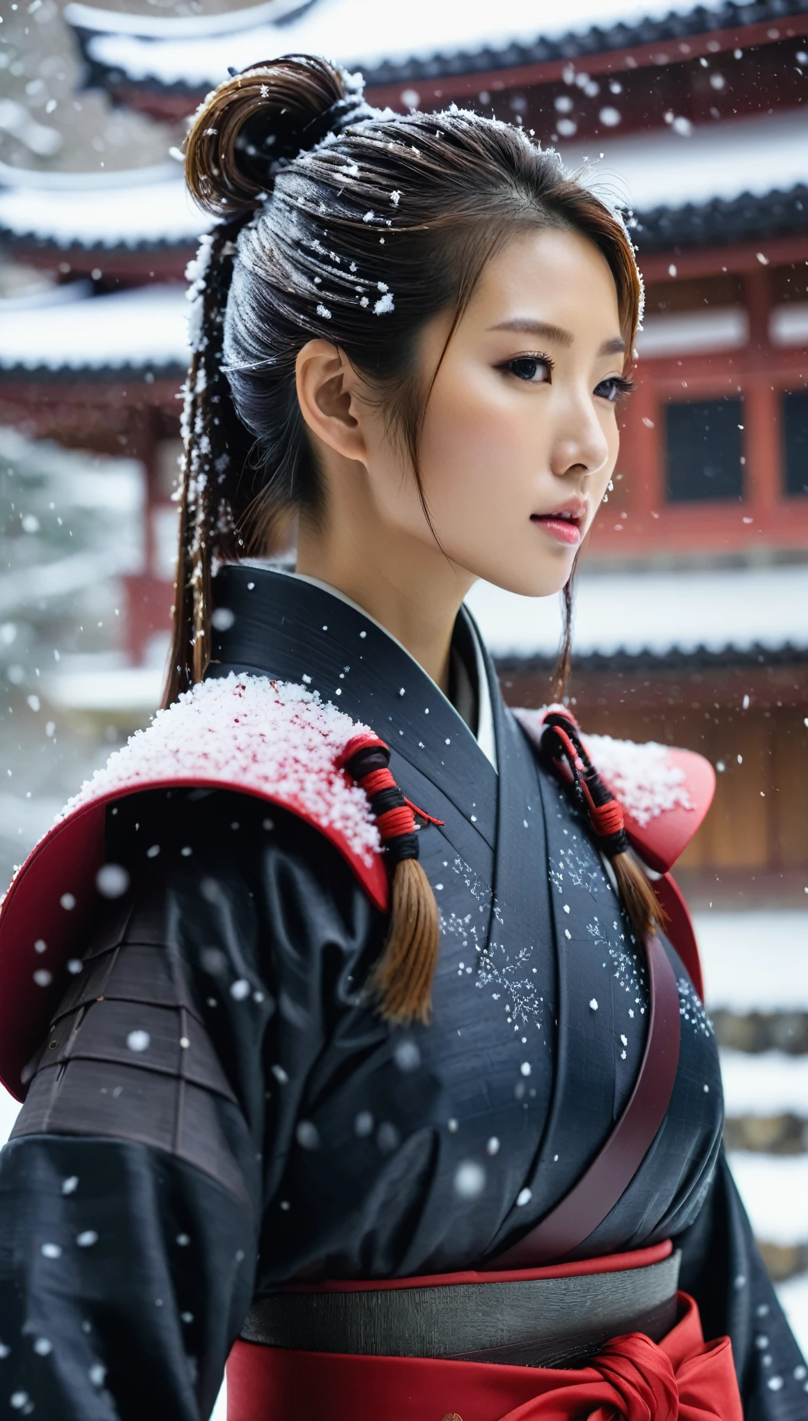 美しい韓国人女性のクローズアップ, 34インチの胸のサイズ, ポニーテール, 武士の甲冑を着る, 日本の城で, 雪が降る, ボケ背景, 超高解像度 