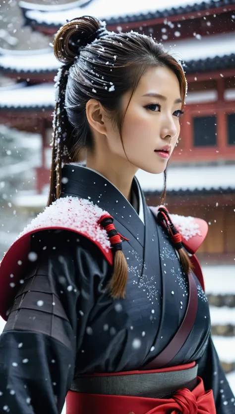close-up of beautiful korean female, 34 inch breasts size, ponytail, wearing samurai armor, in the Japanese castle, snow falling...