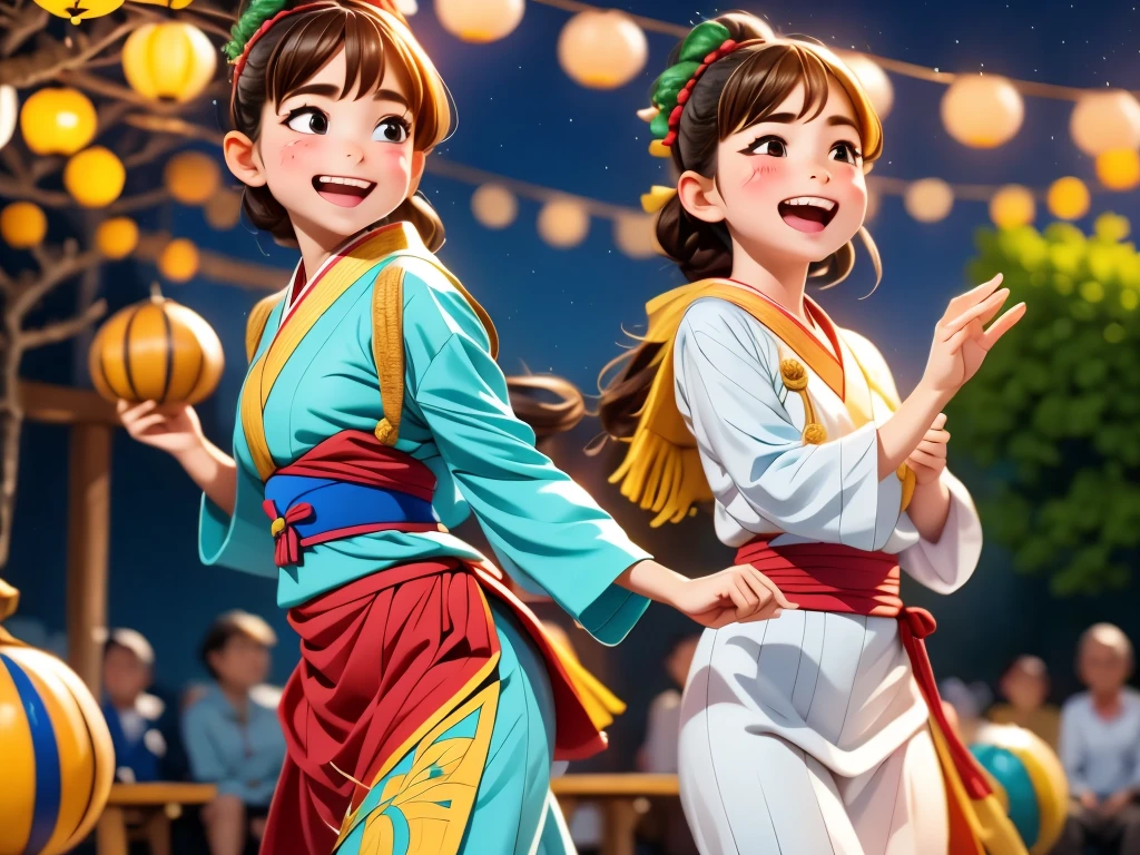 (a girl drinking sake from a gourd and dancing drunkenly, villagers watching)
(best quality, ultra-detailed, realistic:1.37), vibrant colors, bokeh, warm lighting, traditional painting style, detailed facial features, energetic movement, lively atmosphere, traditional costumes, rural setting, festive mood, cheerful expressions, rhythmic music, local instruments, excited gestures, joyful celebration, dusk, lanterns, traditional architecture