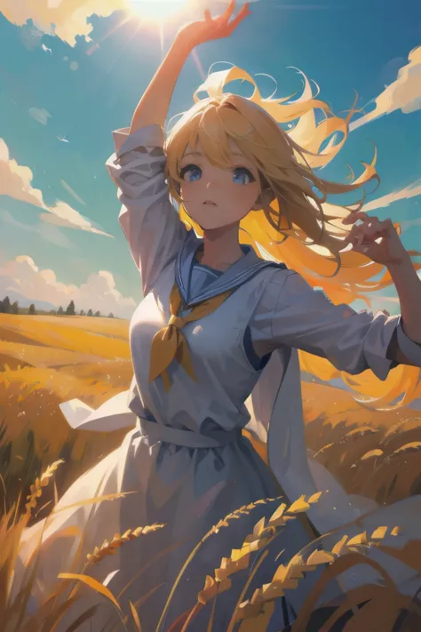 Fresh painting style，In the wheat field，A girl，Keep your hands out of the sun，Bright sky，The perspective of looking up，Anime cha...