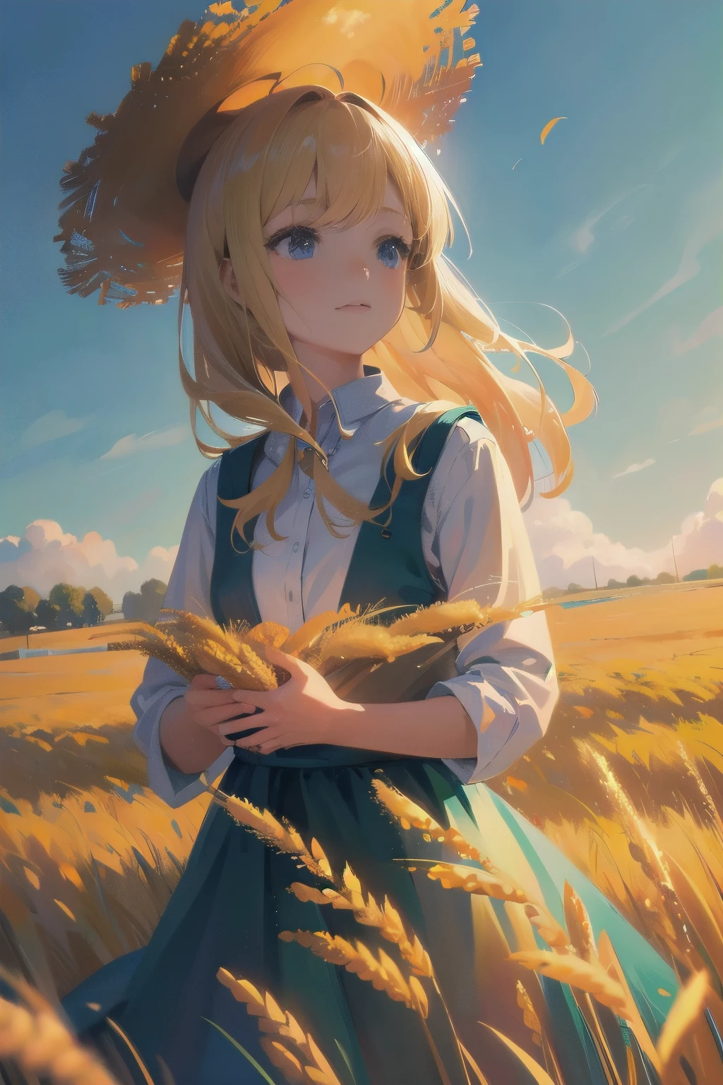 Fresh painting style，In the wheat field，A girl，Keep your hands out of the sun，Bright sky，The perspective of looking up，Anime characters，ultra - detailed，Highly realistic，tmasterpiece，8K，hyper HD