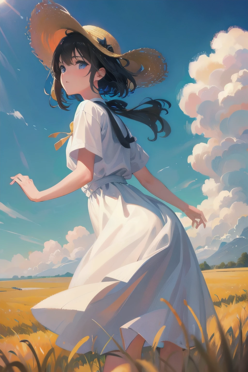 Fresh painting style，In the wheat field，A girl，Keep your hands out of the sun，Bright sky，The perspective of looking up，Anime characters，ultra - detailed，Highly realistic，tmasterpiece，8K，hyper HD