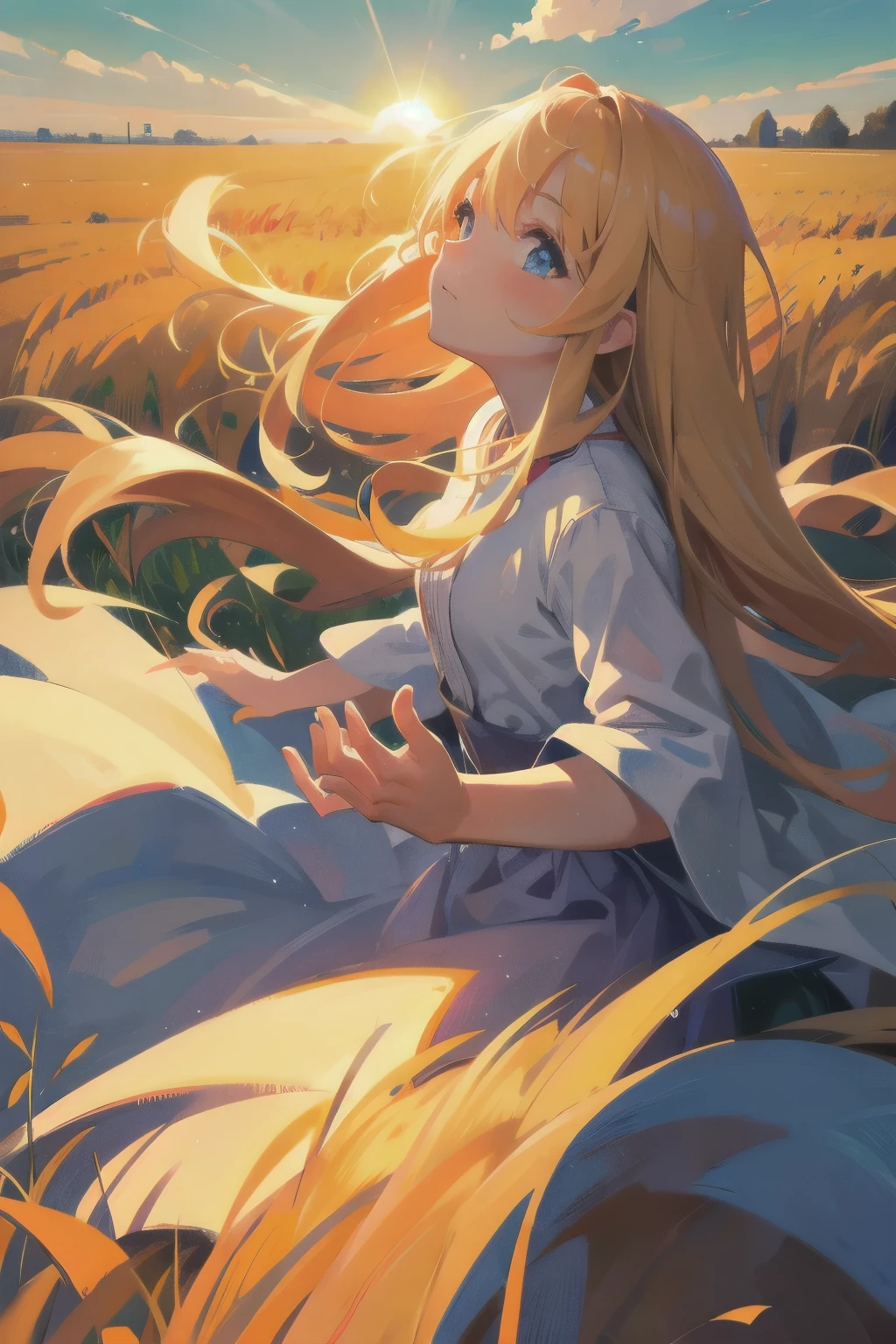 Fresh painting style，In the wheat field，A girl，Keep your hands out of the sun，Bright sky，The perspective of looking up，Anime characters，ultra - detailed，Highly realistic，tmasterpiece，8K，hyper HD