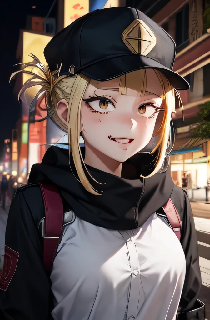 obra maestra, Mejor calidad, 1 chica, toga himiko, pelo rubio, doble bien, ojos amarillos, sonrisa, ojos malvados, boku no hero academia, gorra de visera, Body negro, descomprimido, escote, piel apretada, al aire libre, escombros, restos, ciudad, fuego, noche, edge lighting, sangre en la cara, sangre en la ropa, 