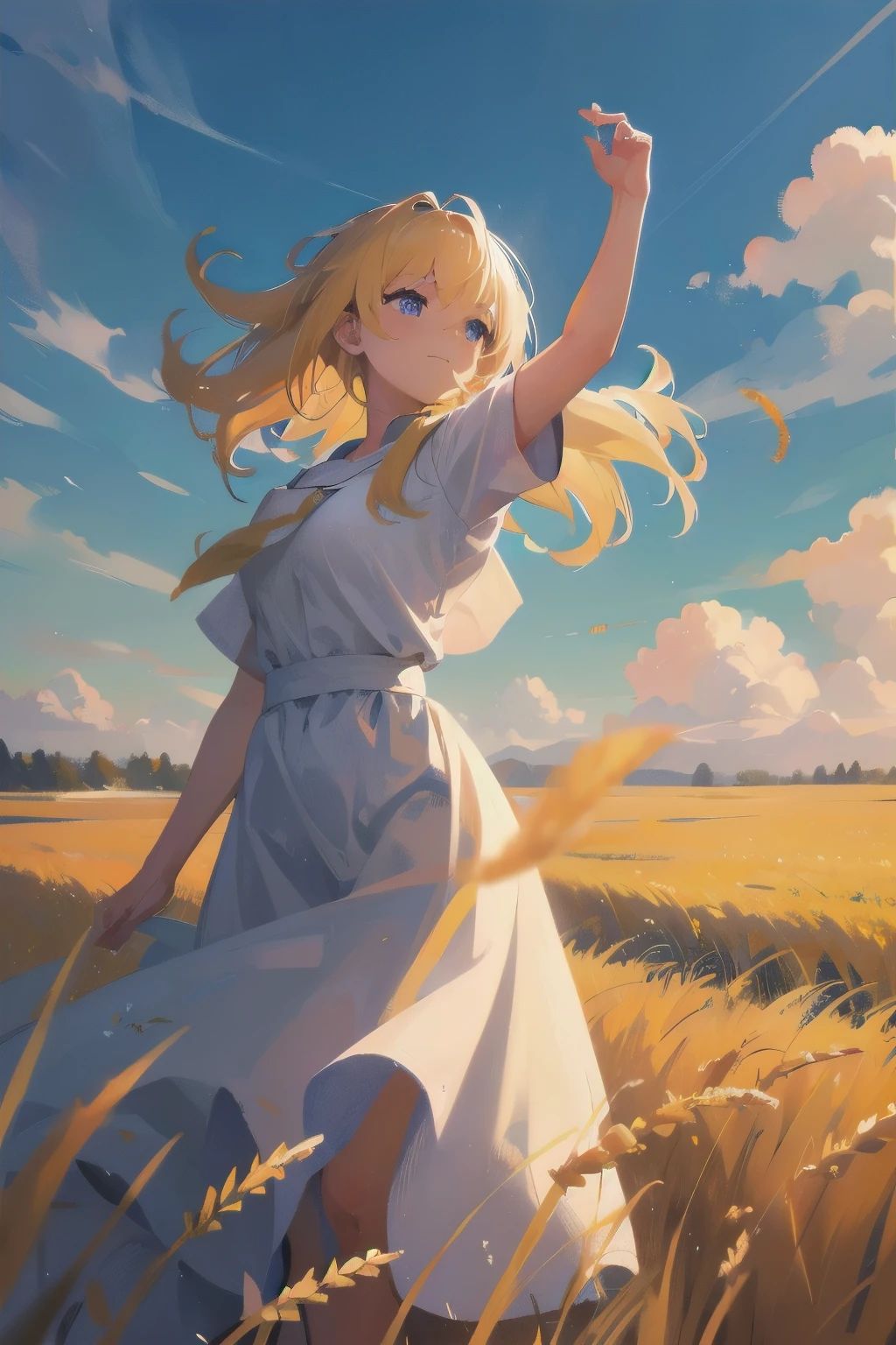 Fresh painting style，In the wheat field，A girl，Keep your hands out of the sun，Bright sky，The perspective of looking up，Anime characters，ultra - detailed，Highly realistic，tmasterpiece，8K，hyper HD