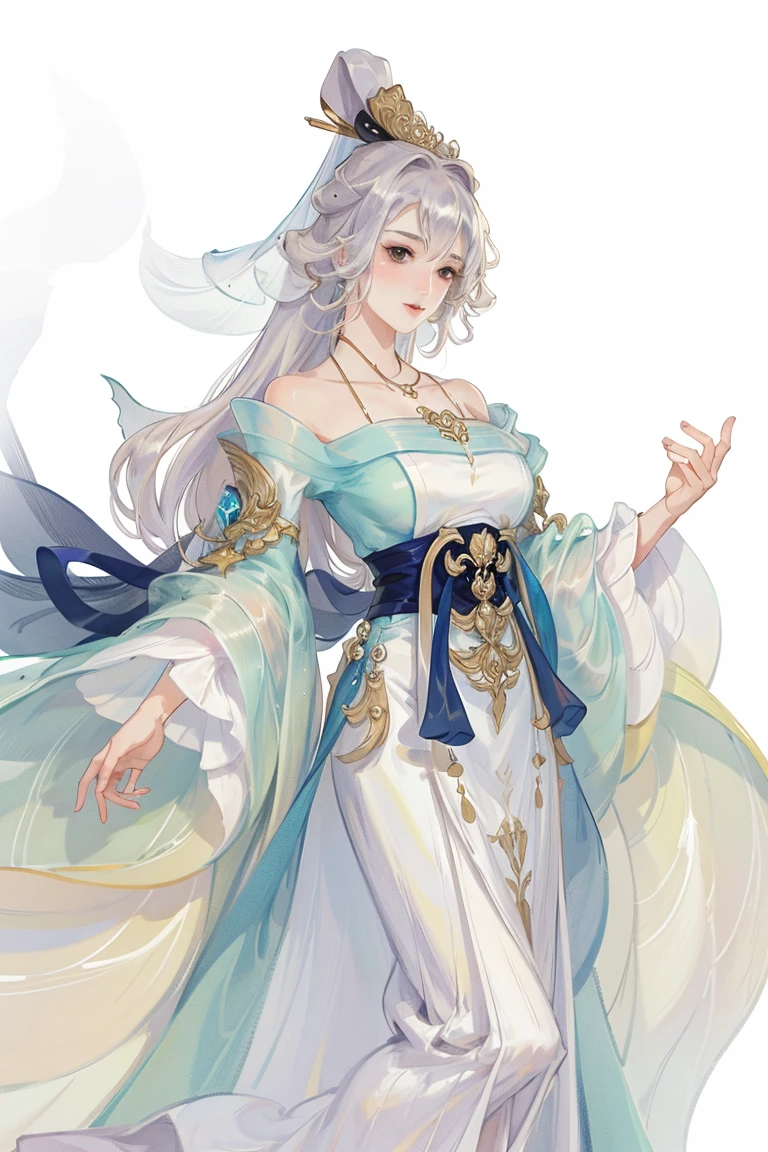 (((the masterpiece, Best quality at best, ultra high resolution, CG унифицированные обои 8k, Best quality, ultra - detailed, Ultra HD image quality))), 1 girl, long white hair, fairy game, Big red clothes, Hanfu, yarn, flowing gauze, jewelry, Cute face, beautiful eyes, pretty haircut, Beautiful costumes, Structurally reliable