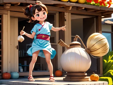 A girl drinking sake from a gourd, getting drunk, and starting to dance, villagers watching