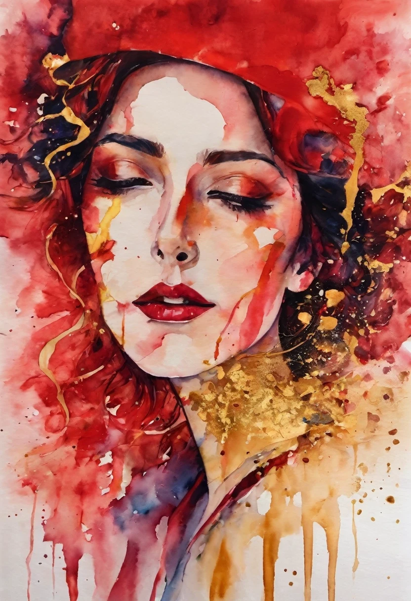 red and gold painting of woman, Silvia Pelissero watercolor, tumbler, abstraction, Intense watercolor painting, Watercolor Detailed Art, Watercolor splash, surreal, Avant-garde pop art, beautiful and expressive, Beautiful artistic illustration, Very colorful shades, extremely good, cruel beauty, best quality,official art, women only, clear outline, best shot