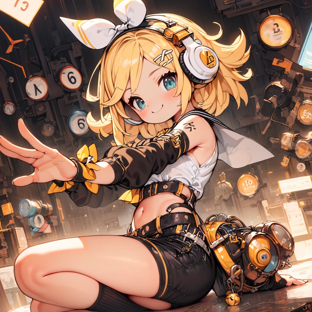 #Qualität(8K,best Qualität, Meisterwerk,Super detailliert),Allein,Kagamine Rin\(Vocaloid\),#1 Mädchen(Niedlich,Niedlich,Klein ,Kagamine Rin,blondes Haar, kurzes Haar, Tätowierung mit Zahlen, Bogen,ärmelloses weißes Hemd,Schwarze Glockenärmel,Armärmel sind Glockenärmel:1.2, belt, Matrosenkragen, weiße Kopfhörer,schwarze, kurze Hosen,schwarze Beinwärmer,offene Schulter, very Niedlich pose,koreanische Idol-Pose,dynamische pose,Niedlich smile),#Hintergrund(viele bunte Musiknoten ,einfach,),rin is so so Niedlich,offener Bauch,(offene Schulter),Bänder sind weiß