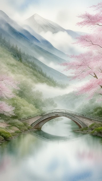 Beautiful Chinese landscape art, best quality, complex, watercolor painting, traditional, serene, fog mountains, flowing river, Lush green plants, Delicate cherry blossoms, ancient temple, peaceful lake, beautiful bridge, traditional architecture, peaceful atmosphere, ethereal beauty, soft strokes, harmonious composition, Vibrant natural scenery, subtle color gradients, Artistic depth, cultural heritage, Ancient traditions, Poetic elegance, peaceful, Immersive experience, exquisite craftsmanship, charming scenery, nostalgic charm, calm reflection, The mountains are shrouded in mist, sparkling water, Delicate ink painting techniques, Poetic interpretation, meditative nature scene, Rhythmic brushstrokes, eternal beauty, serene beauty, meditative mood, Subtle gradients of blue and green, A delicate depiction of natural elements, Balance and harmony of elements, Evocative depiction, evoke a feeling of peace and, Capture the essence of nature, Ethereal and dreamlike, Picturesque scenery, Soothes and rejuvenates, sums up the beauty of the season, Immersive natural world.