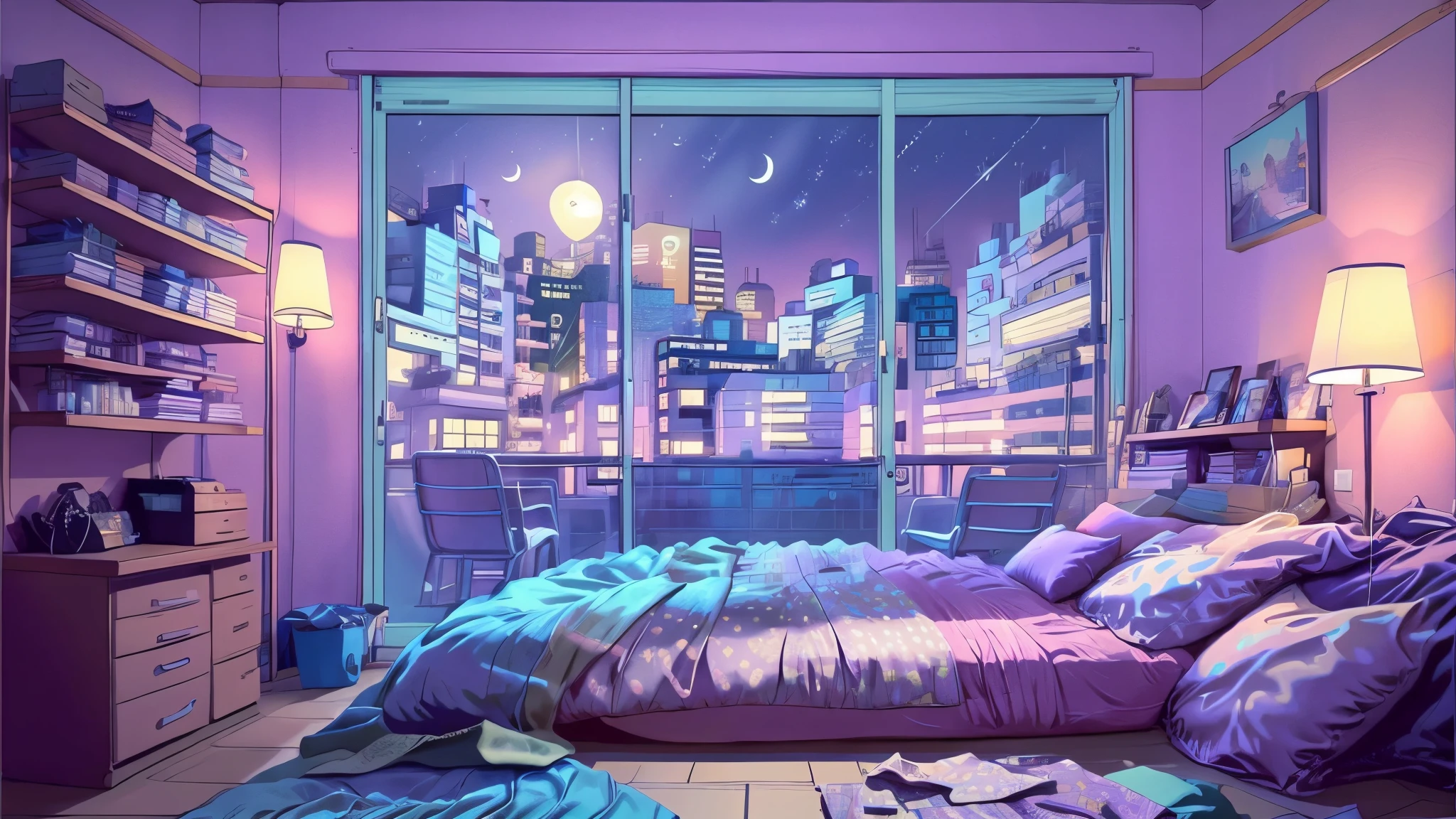 anime girl, Wearing a large hoodie, wearing headband headphones, praise, quiet, quiet雰囲気,  Looking at the window in her bedroom, a cat is sleeping、night,,masterpiece, highest quality、In a room lit by starlight and room lights、窓から外のnight景も見えます、screen is chart stock night light , (very detailed:1.2), (warm light:1.2), masterpiece, surreal,32k, very detailedCG Unity 8K壁紙, highest quality (masterpiece,highest quality:1.5)