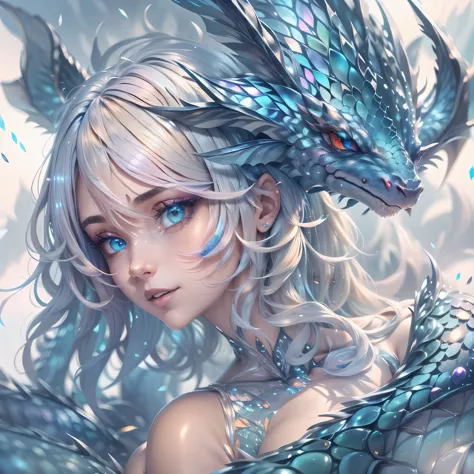 (best quality,4k,8k,highres,masterpiece:1.2, portrait), ultra-detailed, realistic, naked sexy dragon woman with blue glittering ...