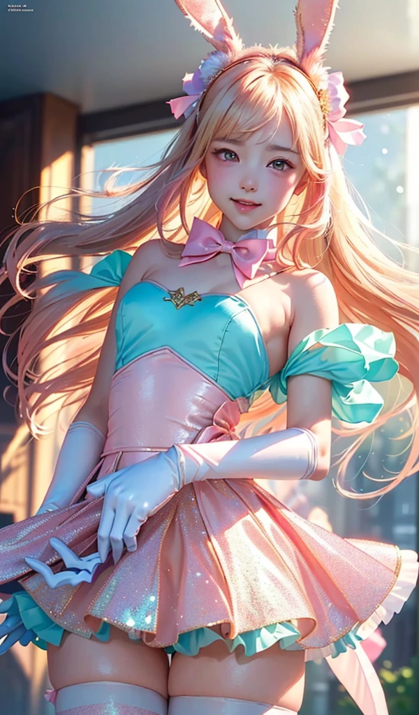 masterpiece, best quality, extremely detailed CG unity 8k wallpaper, (Upper Body head close-up shot of a beautiful little girl), Wendy, Elegant Long straight blonde hair, (Mckenna Grace), ((flat chest,thighs)), ((pink-Cyan)) golden ((Glittering tutu,long Bunny Ear Headgear, glove, Bow-tie, zettai ryouiki)), ((Hug，from below)), (Blush), oil skin, (seductive smile), (Wonderland), pretty face, key art, award winning, intricate detail realism hdr, by (ruan jia and artgerm and range murata), Photorealism, Hyperrealism, ultra realistic, dramatic light, intense shadows, gorgeous view, depth of field
 
