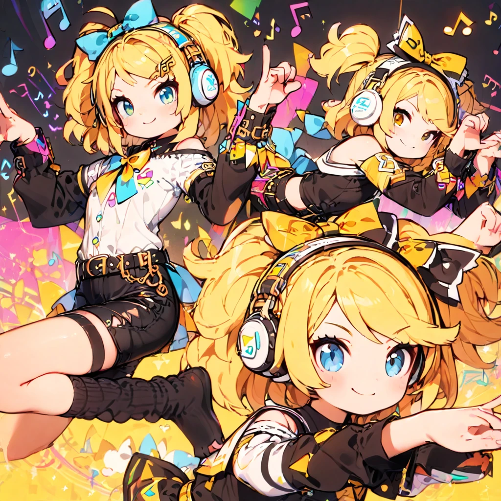 #quality(8K,best quality, masterpiece,Super detailed),solo,KAGAMINE RIN\(vocaloid\),#1 girl(cute,cute,small ,Kagamine rin,blond hair, short hair, Tattoo of numbers, bow,sleeveless white shirt,black arm bell sleeves,arm sleeves are bell sleeves:1.2, belt, sailor collar, white headphones,black shorts,black leg warmers,open shoulder, very cute pose,korean idol pose,dynamic pose,cute smile),#background(many colorful Music notes ,simple,),rin is so so cute