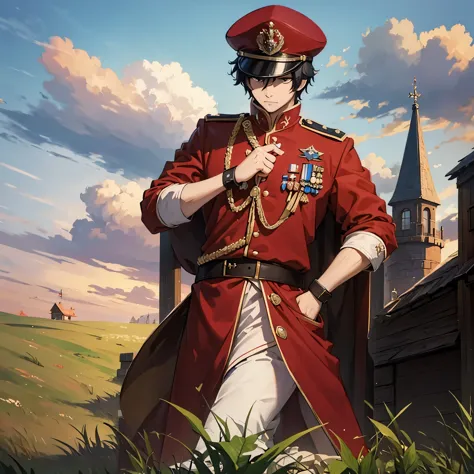 a man wearing red royal guard uniform, royal guard hat, along with several royal guard soldier, in an open field,  ultra resolut...