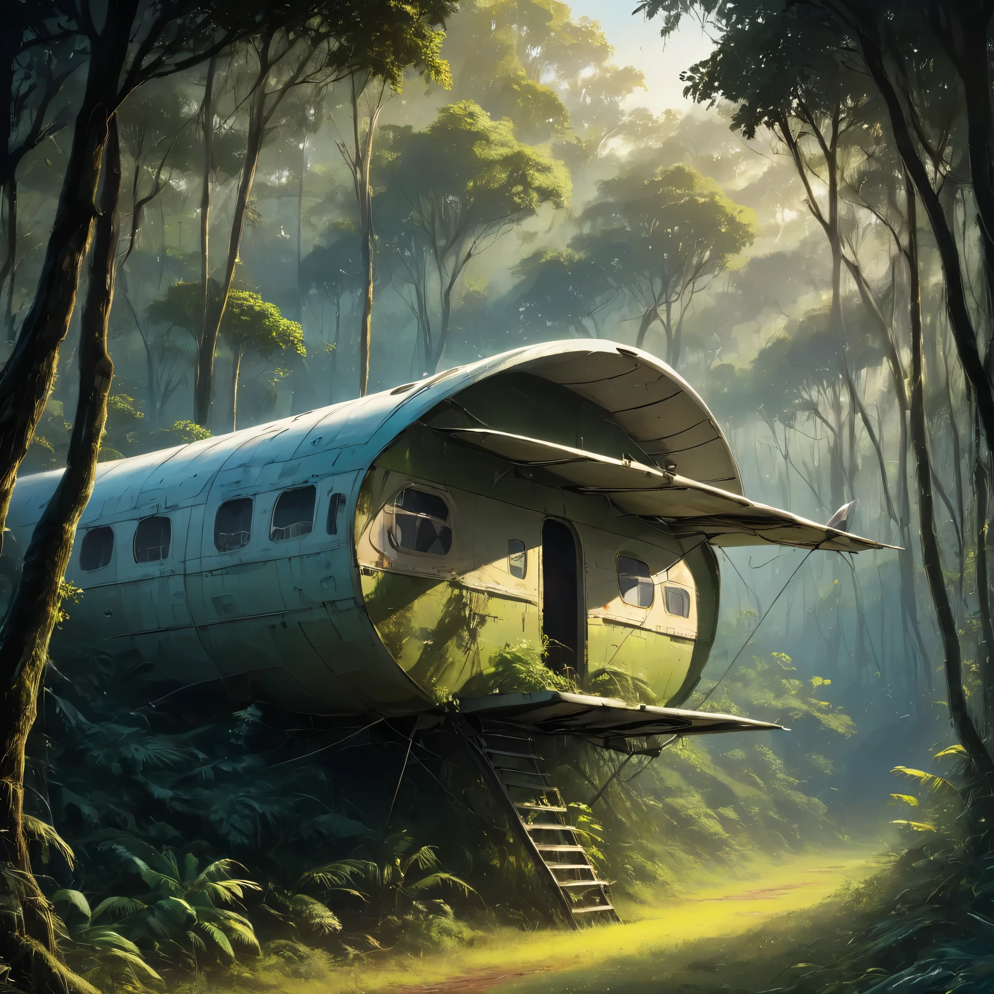 AN OLD USED AIRPLANE CABIN WITH SHELTER IN THE FOREST, A PICTURESQUE SCENE, WITH LIGHTS COMING THROUGH THE TREE CUP AND FINE FOG AROUND
