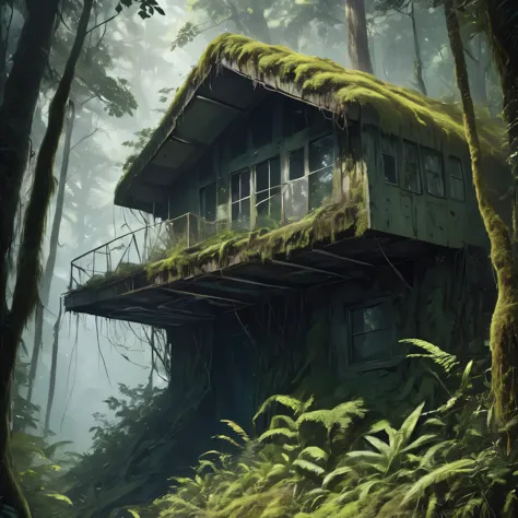 imagine an airplane cabin used as a shelter in a dense forest. create an intriguing and immersive scene where the cabin stands o...