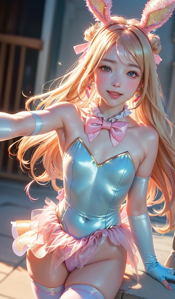 masterpiece, best quality, extremely detailed CG unity 8k wallpaper, (Upper Body head close-up shot of a beautiful little girl), Wendy, Elegant Long straight blonde hair, (Mckenna Grace), ((flat chest,thighs)), ((pink-Cyan)) golden ((Glittering tutu,long Bunny Ear Headgear, glove, Bow-tie, zettai ryouiki)), ((Selfie，from below)), (Blush), oil skin, (seductive smile), (Wonderland), pretty face, key art, award winning, intricate detail realism hdr, by (ruan jia and artgerm and range murata), Photorealism, Hyperrealism, ultra realistic, dramatic light, intense shadows, gorgeous view, depth of field
 
