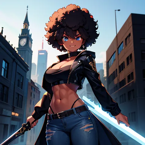 afro girl,toned,abdomen,black jacket, afro hairstyle,sensual look, he has a giant sword,jeans,iron sword,blue eyes,side city,smi...