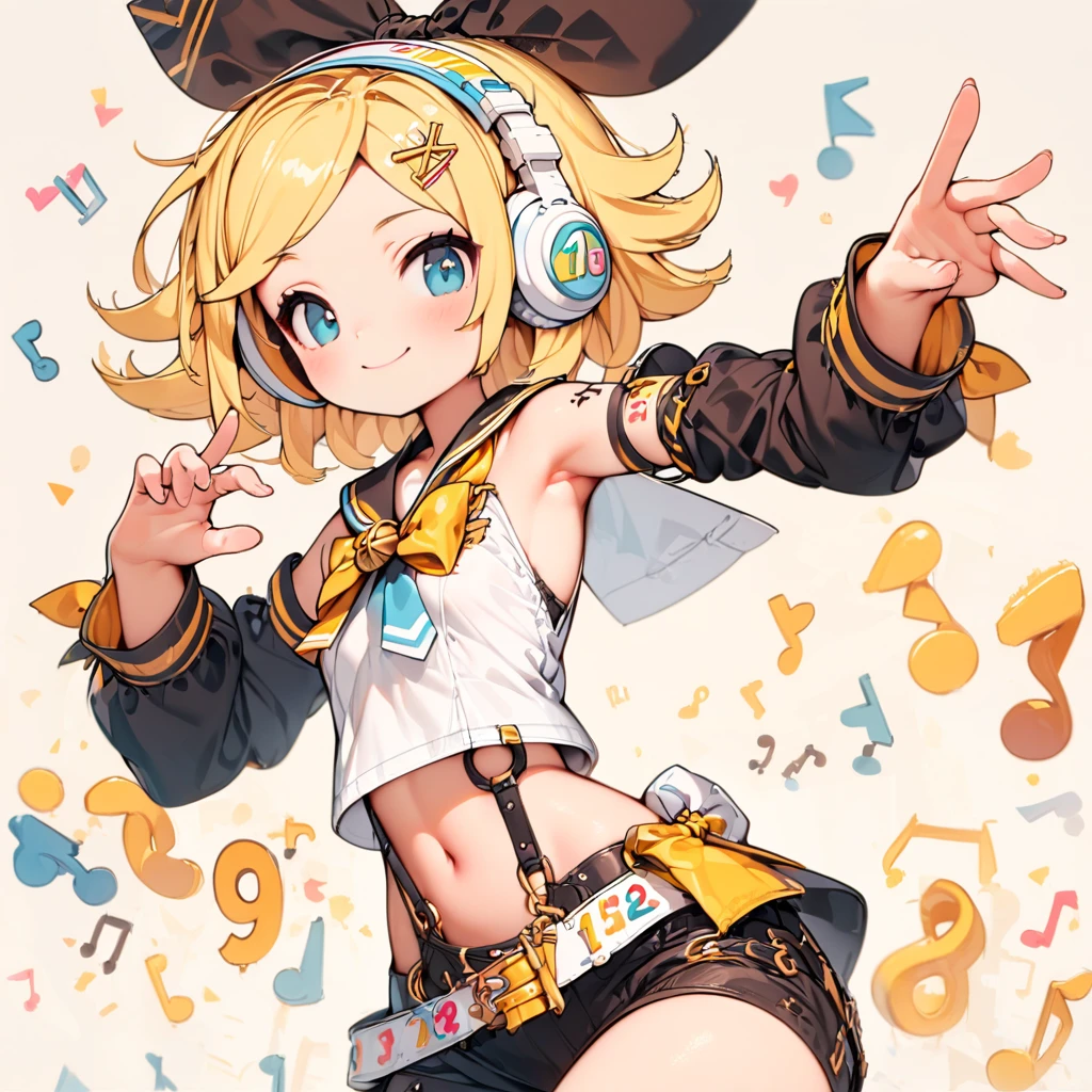 #quality(8K,best quality, masterpiece,Super detailed),solo,KAGAMINE RIN\(vocaloid\),#1 girl(cute,cute,small ,Kagamine rin,blond hair, short hair, Tattoo of numbers, bow,sleeveless white shirt,black arm bell sleeves,arm sleeves are bell sleeves:1.2, belt, sailor collar, white headphones,black shorts,black leg warmers,open shoulder, very cute pose,korean idol pose,dynamic pose,cute smile),#background(many colorful Music notes ,simple,),rin is so so cute,draw hands correctly,ribbons are white
