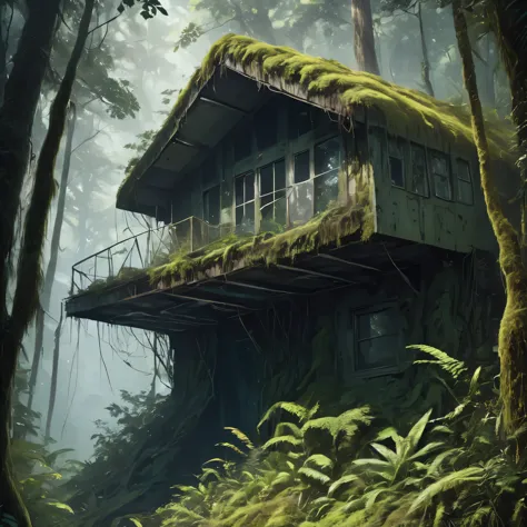 Imagine an airplane cabin used as a shelter in a dense forest. Create an intriguing and immersive scene where the cabin stands o...