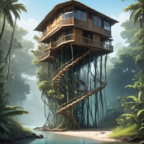 a stilt house supported by the dna spiral